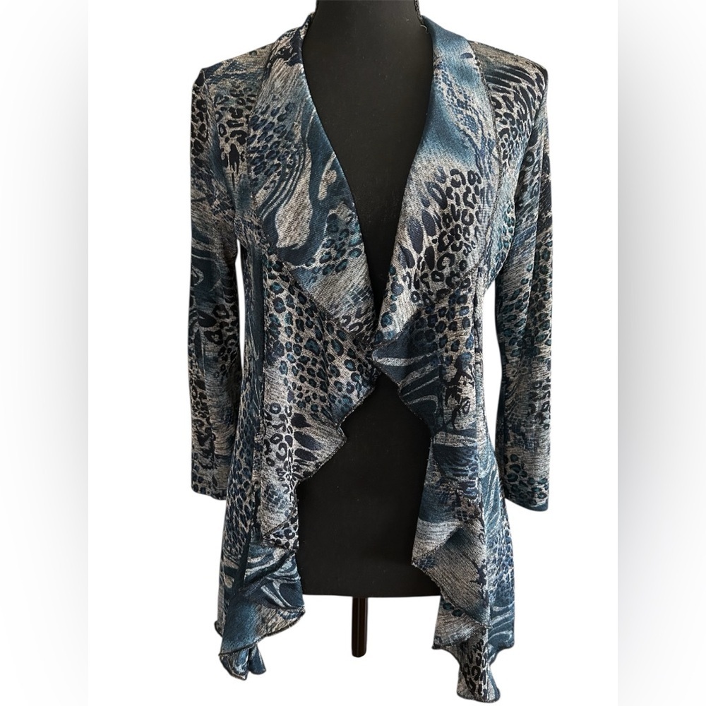 Jaipur Blue Animal Print Open Front Cardigan Lightweight Draped Boho Top M